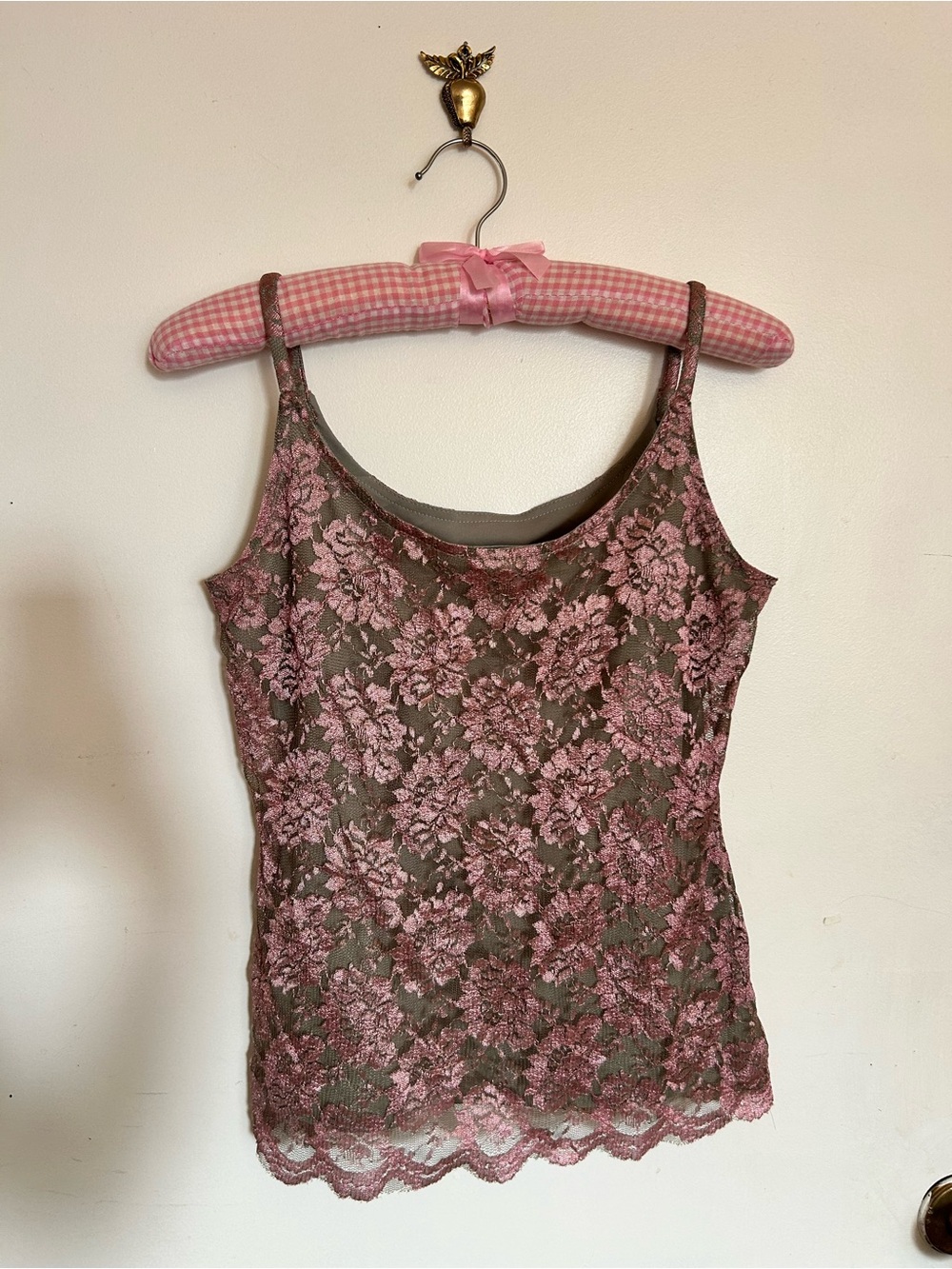 Whimsical women’s size small Pink and green Floral Lace Tank Top